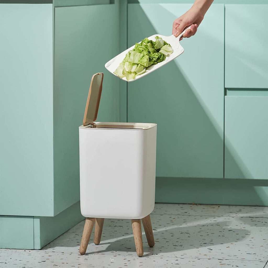 Table Waste Bin with Lid in Wood Look, Rubbish Bin with Lid, Worktop, Desktop and Floor Rubbish Bin, Cute Luxury Waste Bin with Click System, Cosmetic Bin (1.8 Gal Square)