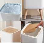 Table Waste Bin with Lid in Wood Look, Rubbish Bin with Lid, Worktop, Desktop and Floor Rubbish Bin, Cute Luxury Waste Bin with Click System, Cosmetic Bin (1.8 Gal Square)