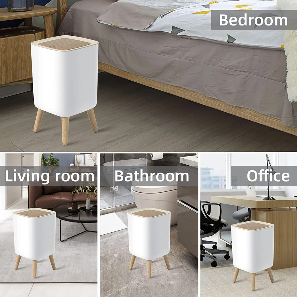 Table Waste Bin with Lid in Wood Look, Rubbish Bin with Lid, Worktop, Desktop and Floor Rubbish Bin, Cute Luxury Waste Bin with Click System, Cosmetic Bin (1.8 Gal Square)