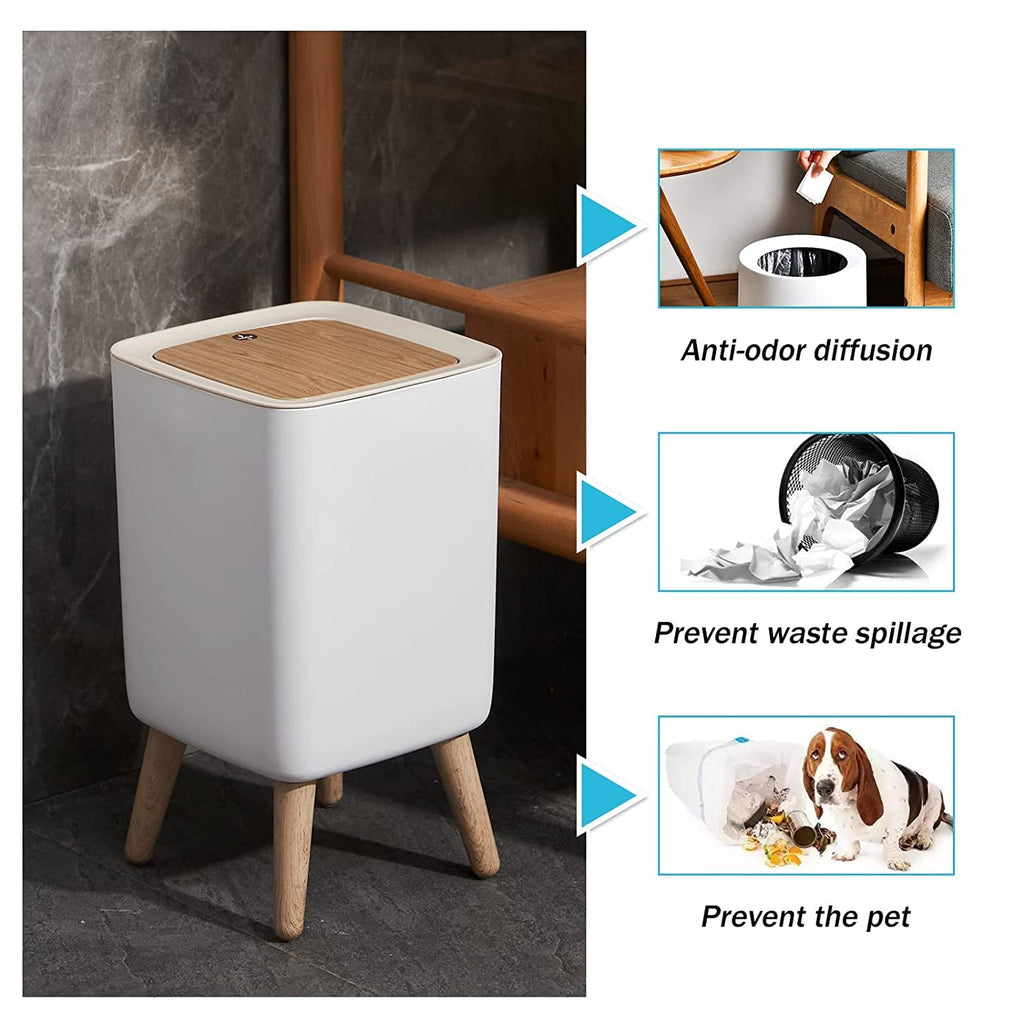 Table Waste Bin with Lid in Wood Look, Rubbish Bin with Lid, Worktop, Desktop and Floor Rubbish Bin, Cute Luxury Waste Bin with Click System, Cosmetic Bin (1.8 Gal Square)