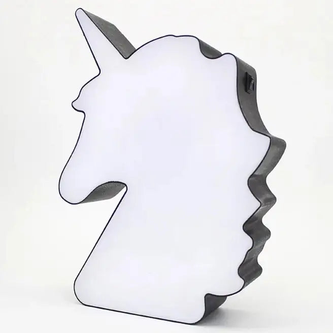 Unicorn-Shaped LED Message Box A battery/USB-powered LED backlight sign shaped like a unicorn profile, featuring integrated horizontal slots to slide in customizable letters, numbers, and symbols.