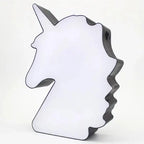 Unicorn-Shaped LED Message Box A battery/USB-powered LED backlight sign shaped like a unicorn profile, featuring integrated horizontal slots to slide in customizable letters, numbers, and symbols.