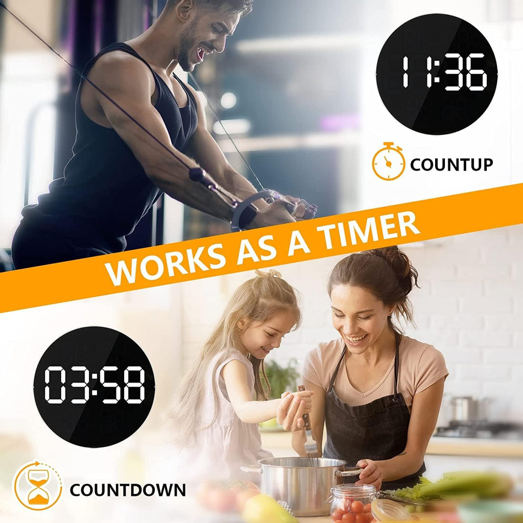Large Digital Wall Clock Timer, Remote Controll, 2 Alarms, LED Display,Temperature for Living Room, Bedroom, Desk, Mounted, Gift for Elderly (Hexa Black)