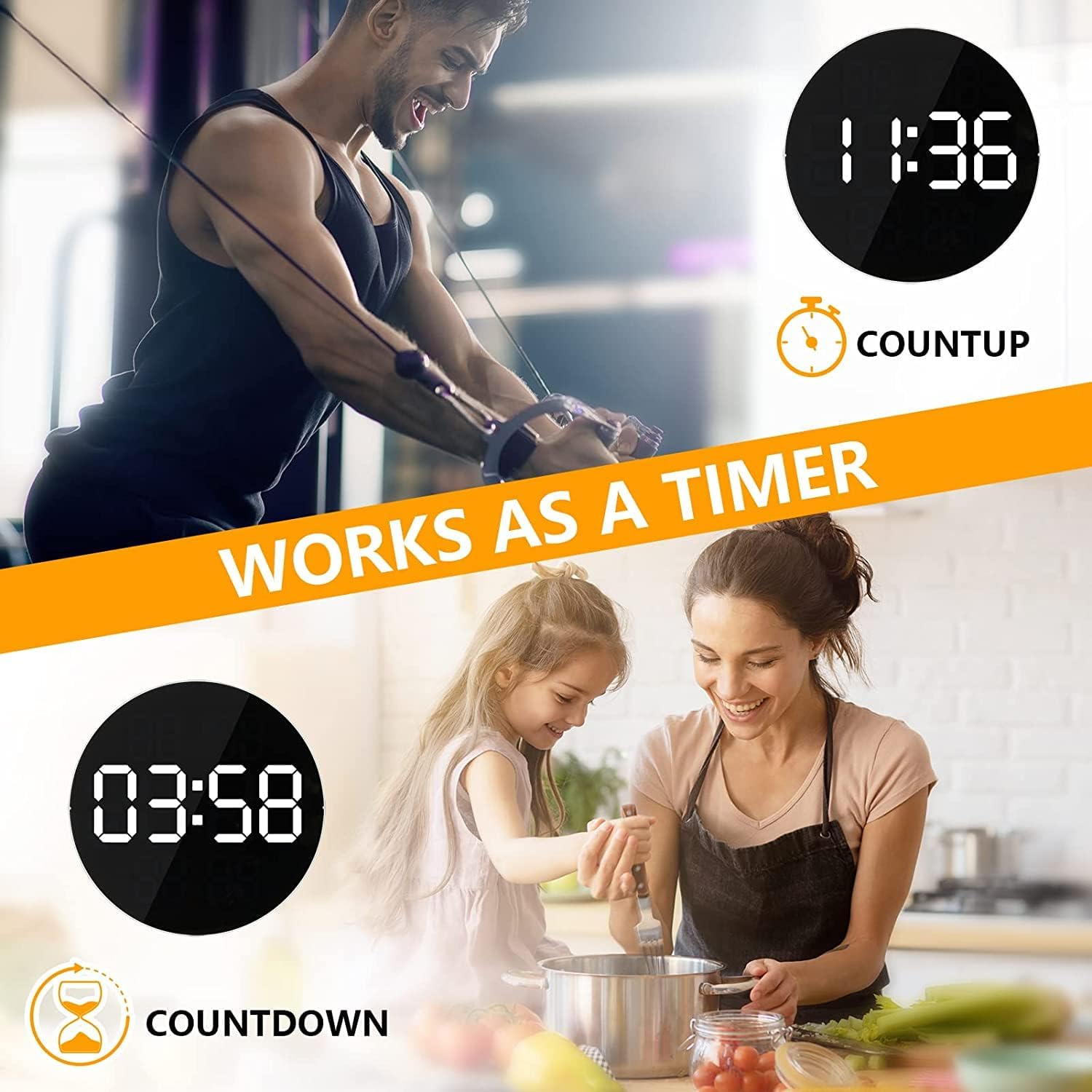 Large Digital Wall Clock Timer, Remote Controll, 2 Alarms, LED Display,Temperature for Living Room, Bedroom, Desk, Mounted, Gift for Elderly (Hexa Black)