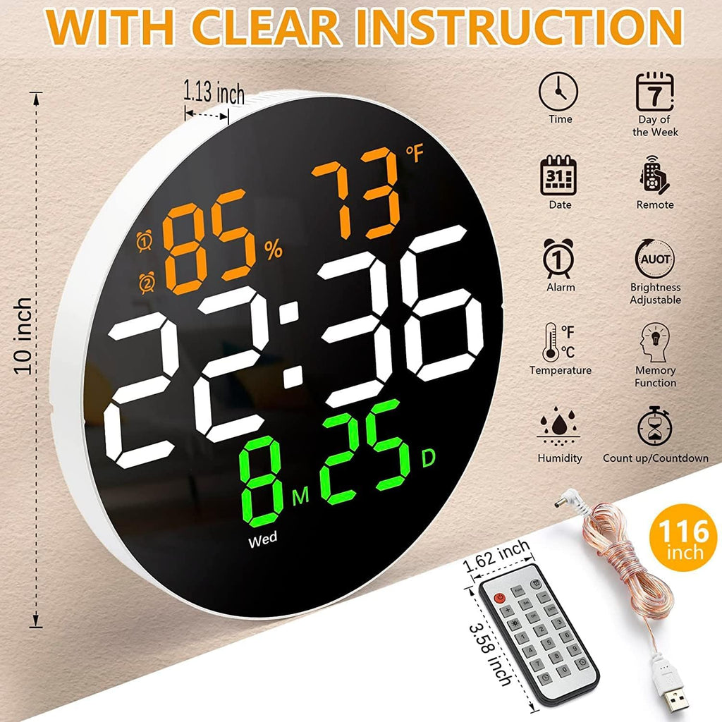 Large Digital Wall Clock Timer, Remote Controll, 2 Alarms, LED Display,Temperature for Living Room, Bedroom, Desk, Mounted, Gift for Elderly (Hexa Black)