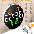 Large Digital Wall Clock Timer, Remote Controll, 2 Alarms, LED Display,Temperature for Living Room, Bedroom, Desk, Mounted, Gift for Elderly (Hexa Black)
