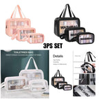 Waterproof Makeup Pouch Bag for Women Travel Kit Washbag Pink Faux Leather, Traveling Cosmetics, Brushes & Accessories Box Toiletry Organiser with Clear Window, Set of 3