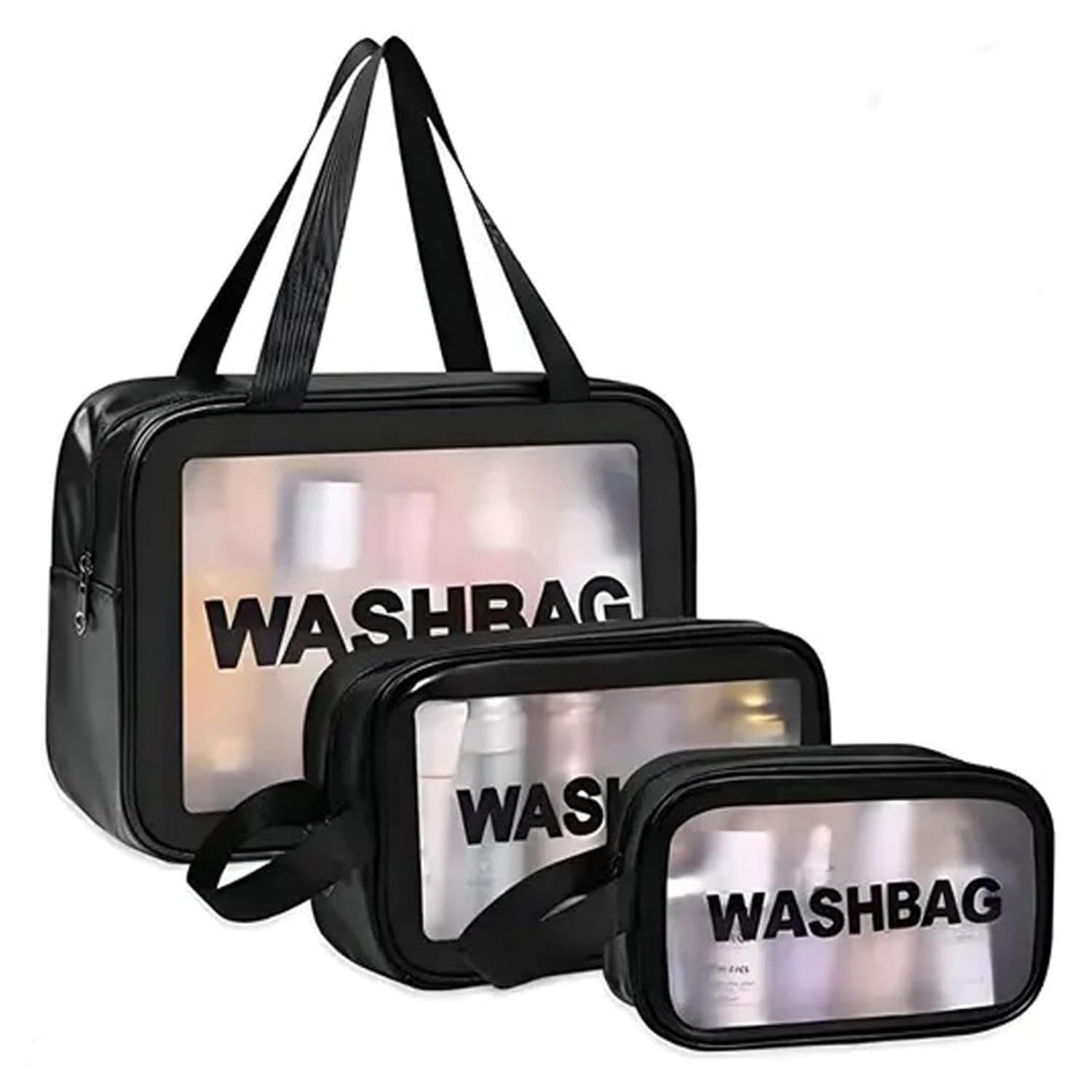 Waterproof Makeup Pouch Bag for Women Travel Kit Washbag Pink Faux Leather, Traveling Cosmetics, Brushes & Accessories Box Toiletry Organiser with Clear Window, Set of 3