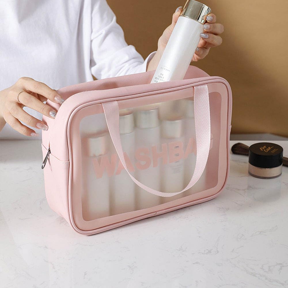 Waterproof Makeup Pouch Bag for Women Travel Kit Washbag Pink Faux Leather, Traveling Cosmetics, Brushes & Accessories Box Toiletry Organiser with Clear Window, Set of 3
