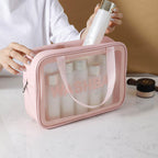 Waterproof Makeup Pouch Bag for Women Travel Kit Washbag Pink Faux Leather, Traveling Cosmetics, Brushes & Accessories Box Toiletry Organiser with Clear Window, Set of 3