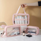 Waterproof Makeup Pouch Bag for Women Travel Kit Washbag Pink Faux Leather, Traveling Cosmetics, Brushes & Accessories Box Toiletry Organiser with Clear Window, Set of 3
