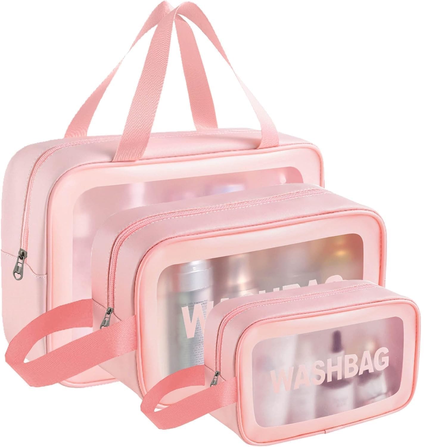 ZYOZ Makeup Pouch Bag for Women Travel Kit Washbag Pink Faux Leather, Traveling Cosmetics, Brushes & Accessories Box Toiletry Organiser with Clear Window, Set of 3 Main image