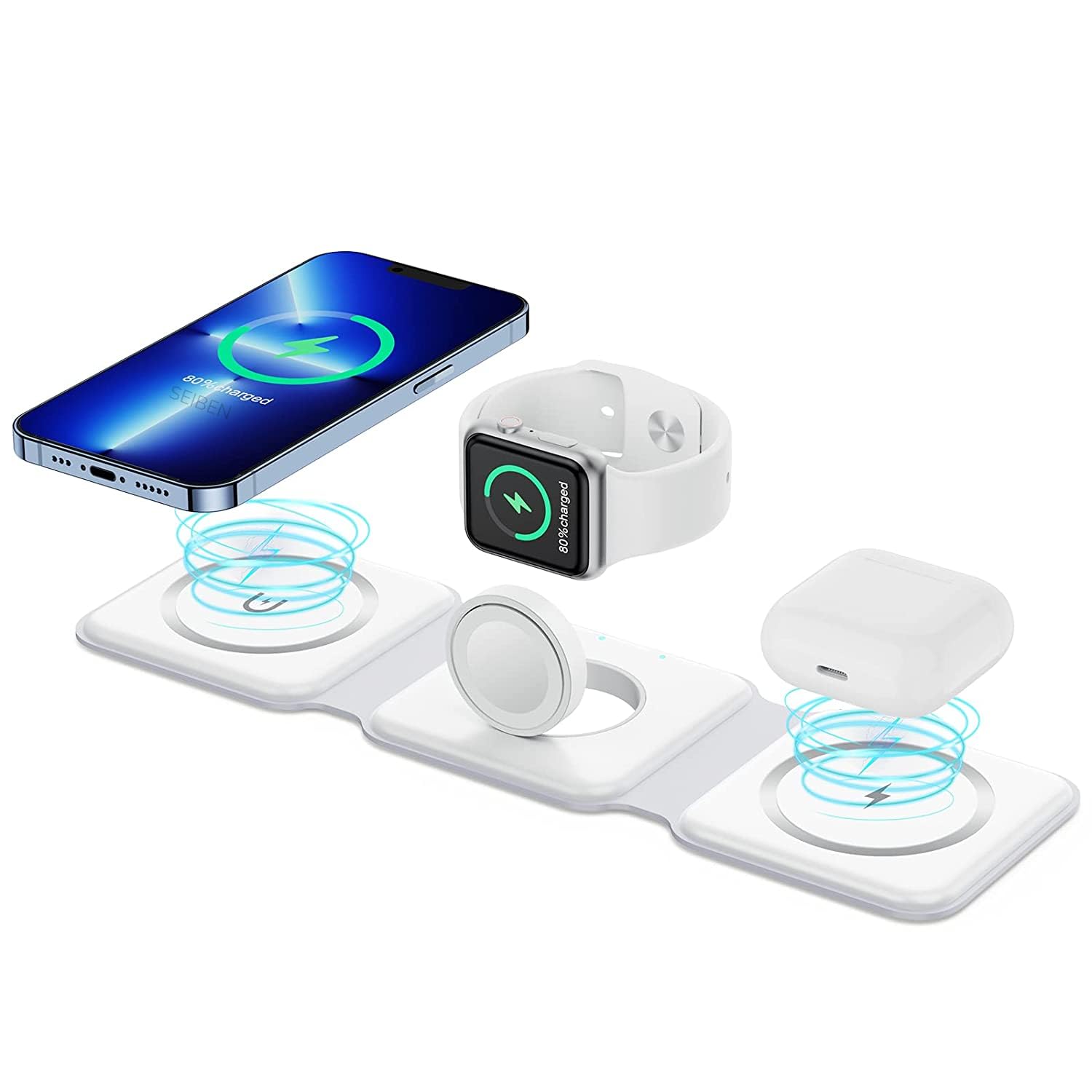 3 in 1 MagSafe compatible Magnetic Foldable Wireless Charger for iPhone 17 to 12 Series | Compatible with AirPods 2/3, Pro2, Pro3 | Compatible with only Apple Watch Series | 23W Charging - Pearl White Main image