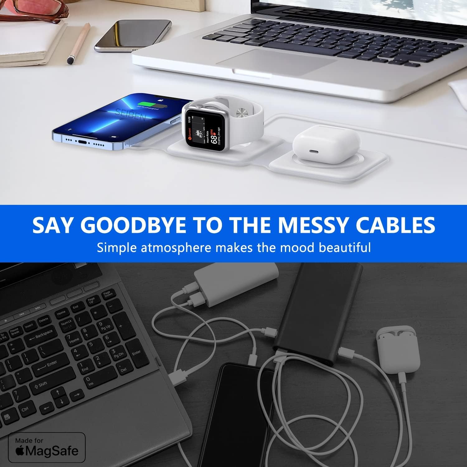 3 in 1 MagSafe compatible Magnetic Foldable Wireless Charger for iPhone 17 to 12 Series | Compatible with AirPods 2/3, Pro2, Pro3 | Compatible with only Apple Watch Series | 23W Charging - Pearl White Secondary image