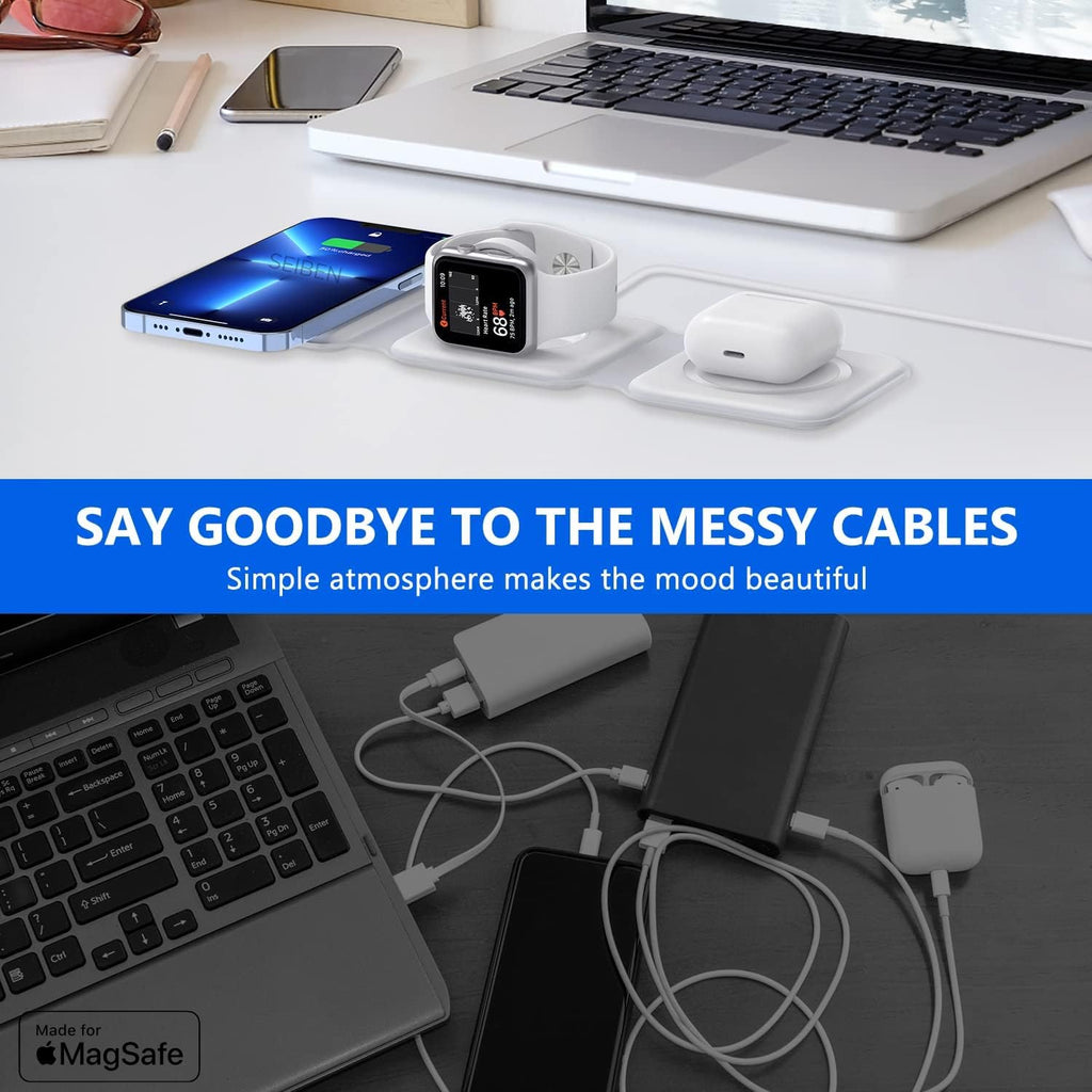 3 in 1 MagSafe compatible Magnetic Foldable Wireless Charger for iPhone 17 to 12 Series | Compatible with AirPods 2/3, Pro2, Pro3 | Compatible with only Apple Watch Series | 23W Charging - Pearl White