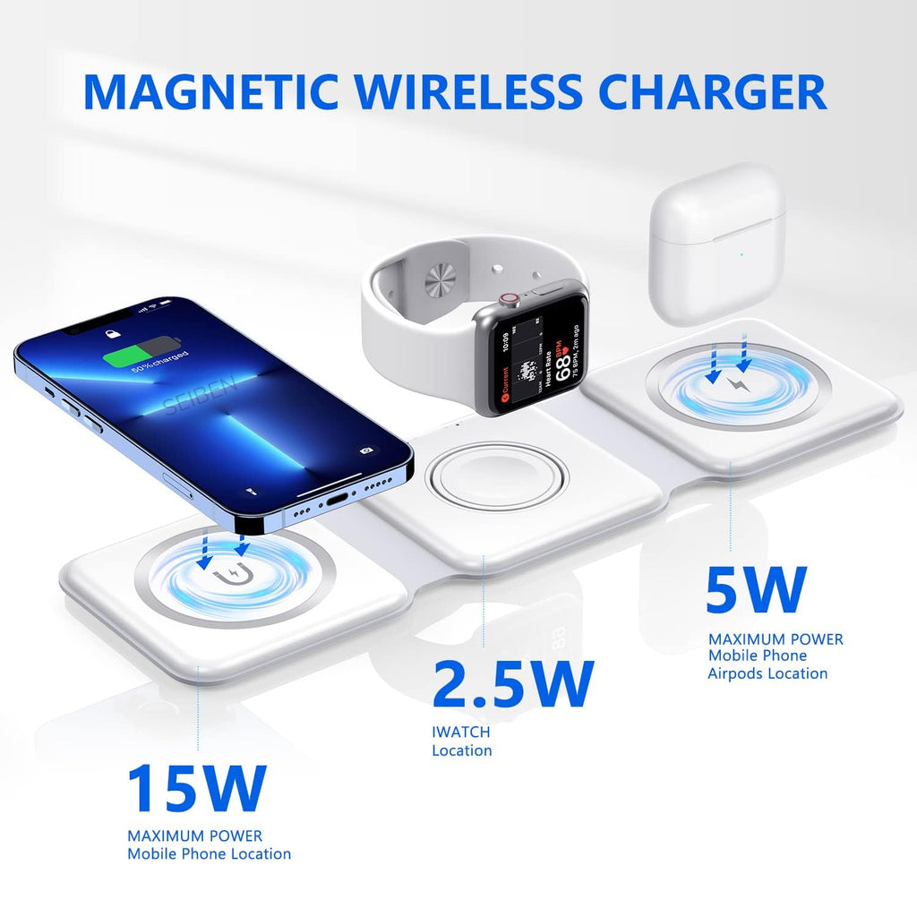 3 in 1 MagSafe compatible Magnetic Foldable Wireless Charger for iPhone 17 to 12 Series | Compatible with AirPods 2/3, Pro2, Pro3 | Compatible with only Apple Watch Series | 23W Charging - Pearl White