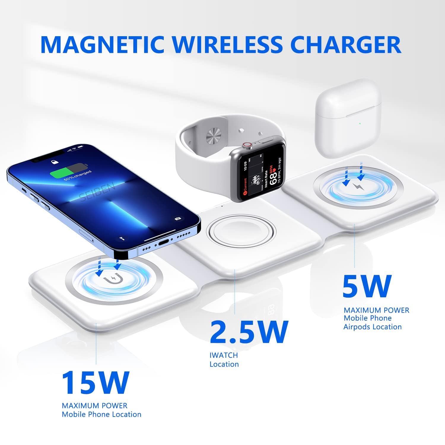 3 in 1 MagSafe compatible Magnetic Foldable Wireless Charger for iPhone 17 to 12 Series | Compatible with AirPods 2/3, Pro2, Pro3 | Compatible with only Apple Watch Series | 23W Charging - Pearl White